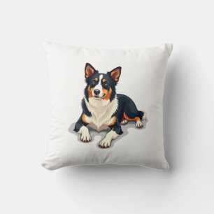 Vintage Tricolor Border Collie Portrait Dog Illust Cushion