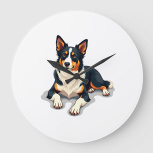 Vintage Tricolor Border Collie Portrait Dog Illust Large Clock
