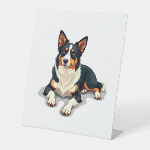 Vintage Tricolor Border Collie Portrait Dog Illust Pedestal Sign