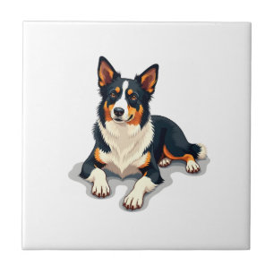 Vintage Tricolor Border Collie Portrait Dog Illust Tile