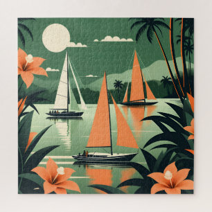 Vintage Tropical Beach and Sailboats Retro  Jigsaw Puzzle