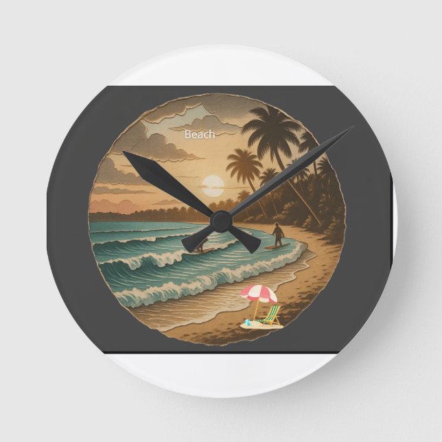 Vintage Tropical Beach Sunset Rond Wall Clock  (Front)