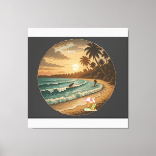 Vintage Tropical Beach Sunset Stretched Canvas Wal Print