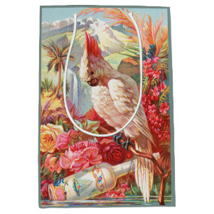 Vintage Tropical Cockatoo & Rose Botanical Art Medium Gift Bag