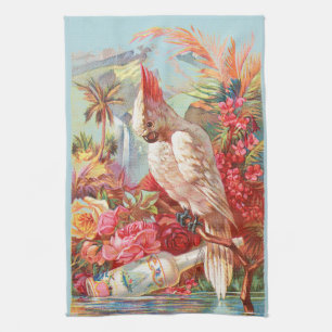 Vintage Tropical Cockatoo & Rose Botanical Art Tea Towel