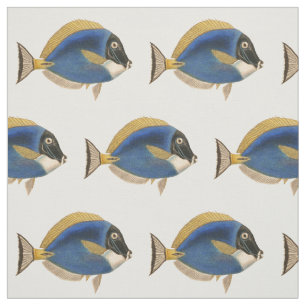 Vintage Tropical Fish Drawing Blue Gold Fabric