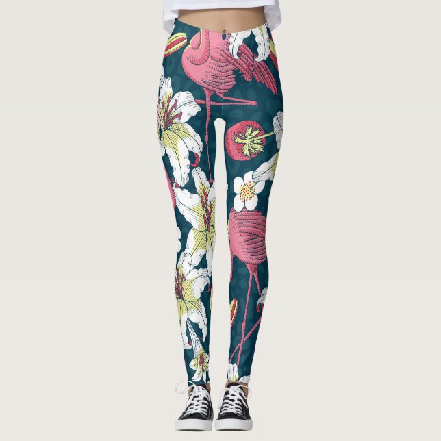 Vintage Tropical Flamingoes Lilies Pattern Leggings (Front)