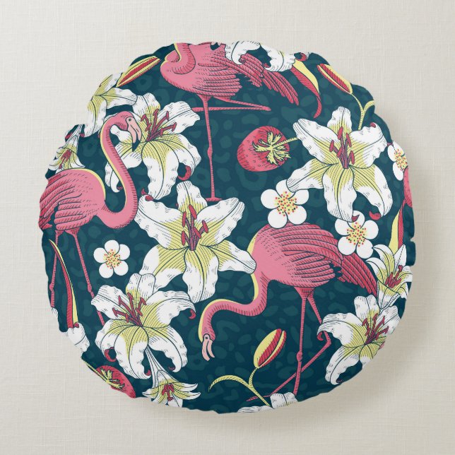 Vintage Tropical Flamingoes Lilies Pattern Round Cushion (Front)