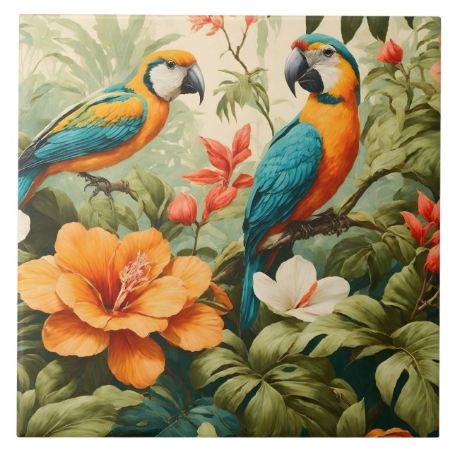 Vintage Tropical Flowers, Plants and Parrots Tile (Front)