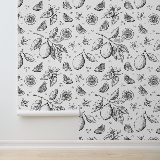 Vintage Tropical Fruit Lemon Floral Pattern Wallpaper (Application)
