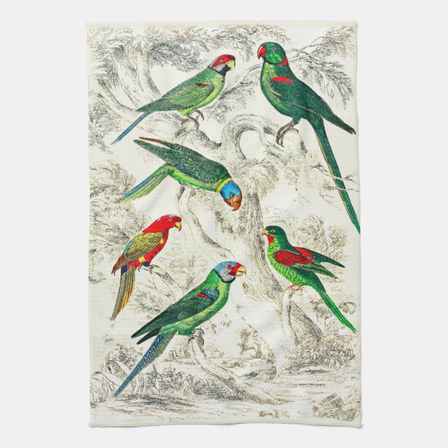 Vintage Tropical Green Parrots  Tea Towel (Vertical)