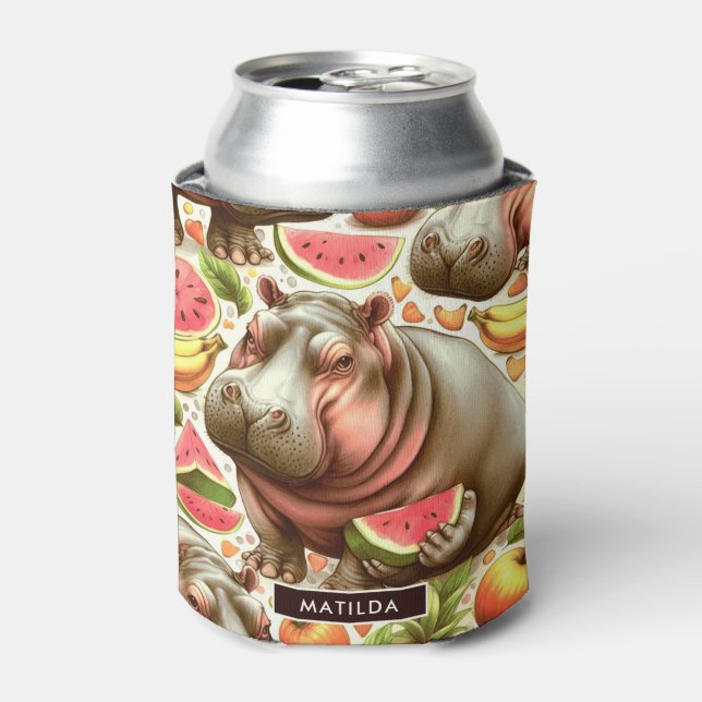 Vintage Tropical Hippopotamus Pattern Can Cooler (Can Front)