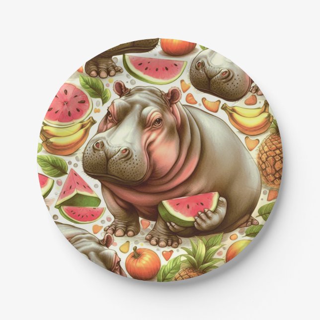 Vintage Tropical Hippopotamus Pattern Paper Plate (Front)