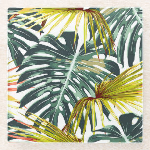 Vintage Tropical Jungle Leaves Pattern Glass Coaster