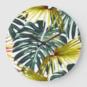 Vintage Tropical Jungle Leaves Pattern Large Clock