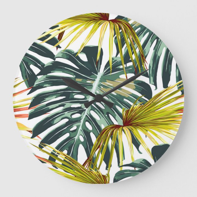 Vintage Tropical Jungle Leaves Pattern Large Clock (Front)