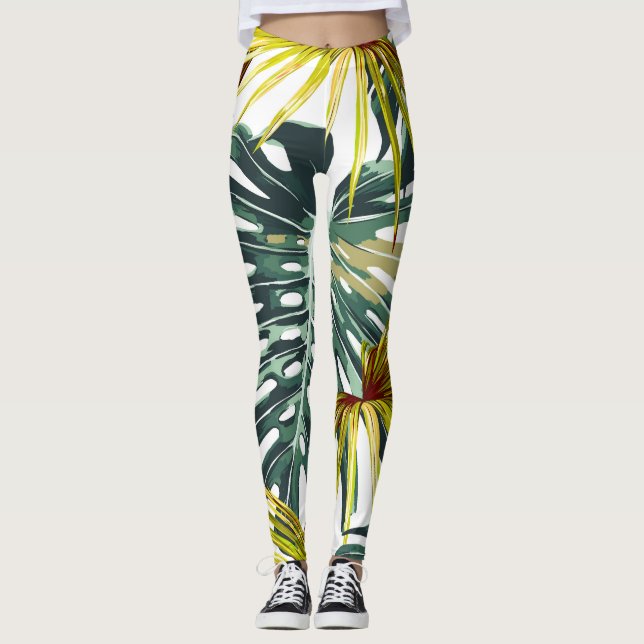 Vintage Tropical Jungle Leaves Pattern Leggings (Front)