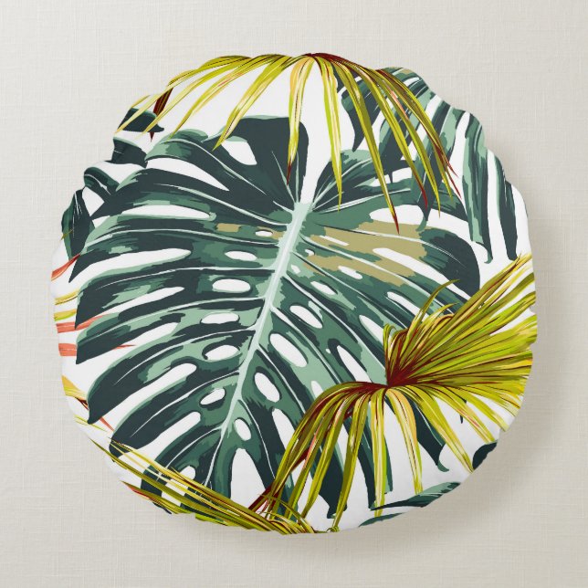 Vintage Tropical Jungle Leaves Pattern Round Cushion (Front)