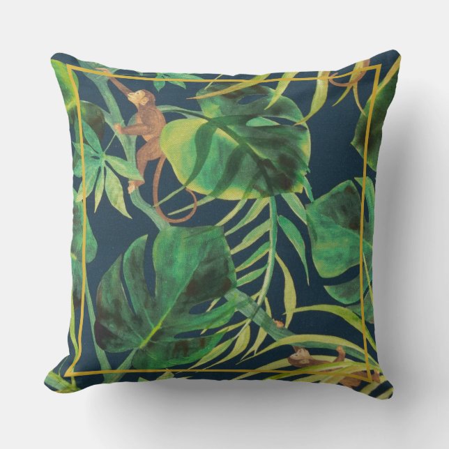 Vintage Tropical Jungle Monkey Large Throw Pillow (Front)