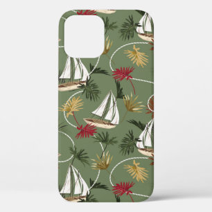 Vintage tropical leaves, boat, and sailor rope sea iPhone 12 case
