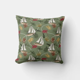 Vintage tropical leaves, boat, and sailor rope sea cushion