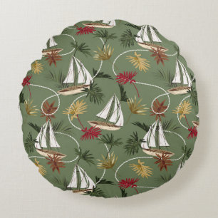 Vintage tropical leaves, boat, and sailor rope sea round cushion
