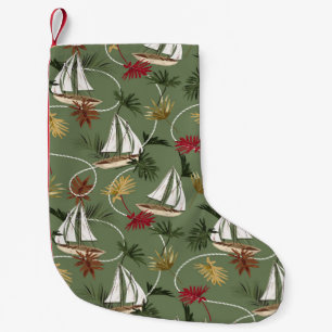 Vintage tropical leaves, boat, and sailor rope sea small christmas stocking