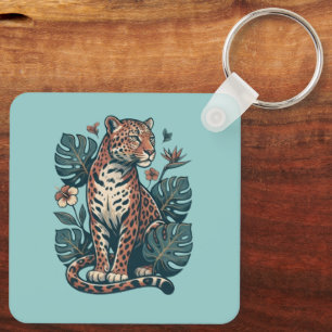 Vintage Tropical Leopard & Monstera Leaves Key Ring