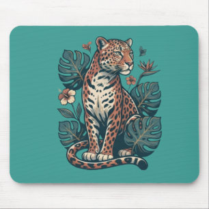 Vintage Tropical Leopard & Monstera Leaves Mouse Pad