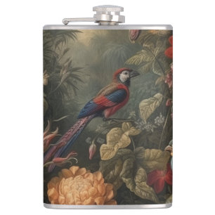Vintage Tropical Macaw Paradise Botanical Art Hip Flask