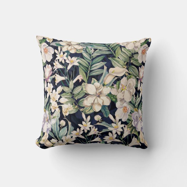 Vintage Tropical Night Flowers Throw Pillow (Front)