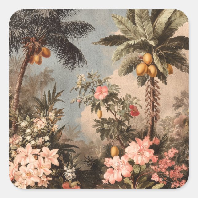 Vintage Tropical Paradise with Palm Trees Square Sticker (Front)