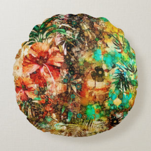 Vintage Tropical Parrot Jungle Floral Hibiscus Round Cushion
