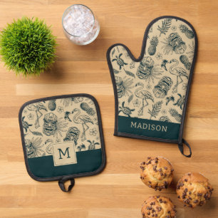 Vintage Tropical Pattern Oven Mitt & Pot Holder Set