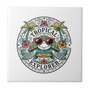 Vintage Tropical Sea Turtle Sunglasses Graphic Shi Tile