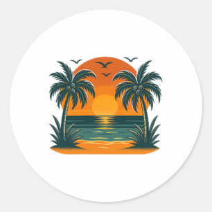 Vintage Tropical Summer Retro Sunset Palm Tree Oce Classic Round Sticker