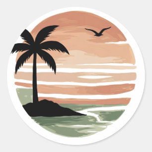 Vintage Tropical Sunset Palm Tree Design   Retro B Classic Round Sticker