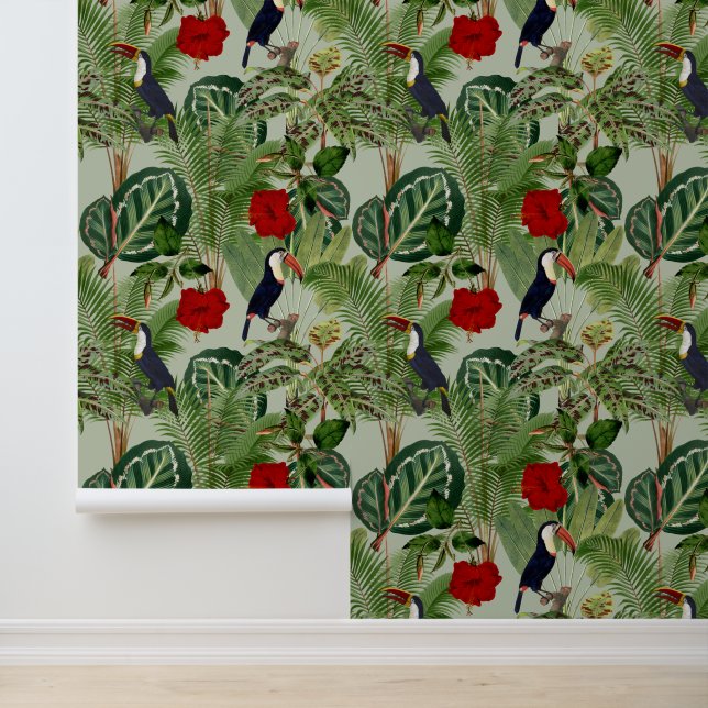 Vintage Tropical Toucan Pattern Wallpaper (Application)
