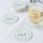 Vintage Tropics Destination Wedding Round Paper Coaster<br><div class="desc">Island chic coasters are a perfect addition to your destination wedding or beach wedding. Design features your wedding date and location encircling your initials in elegant grey,  on a backdrop of a vintage style monstera leaf in sheer seafoam green. Designed to coordinate with our Vintage Tropics wedding collection.</div>