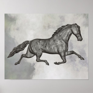 Vintage Trotting Horse in Grey on Clouds Poster