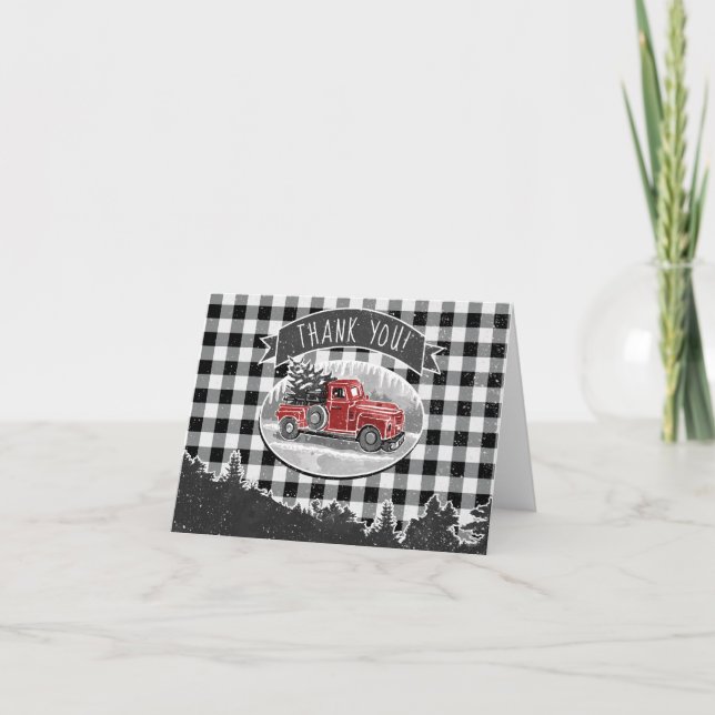 Vintage Truck Black Buffalo Plaid Thank You Card (Front)