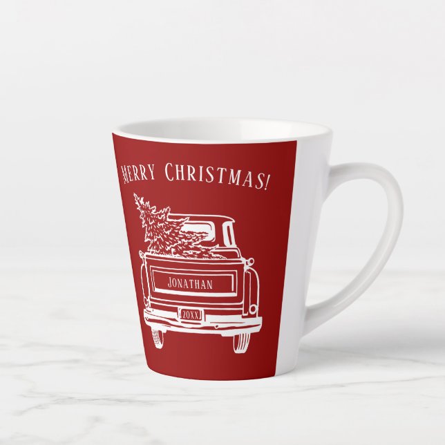 Vintage Truck Christmas Tree Name Red Latte Mug (Right)