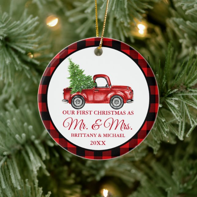 Vintage Truck First Christmas Mr and Mrs Plaid Ceramic Tree Decoration (Tree)