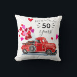 Vintage Truck Hearts Anniversary Add Names Cushion<br><div class="desc">Celebrate a special anniversary with this pillow featuring a vintage red truck with a bouquet of pink and red hearts. Text has two names for you to personalise along with the number of years married. Back of pillow has a bouquet of hearts. Makes a great anniversary gift! Customise to adjust...</div>