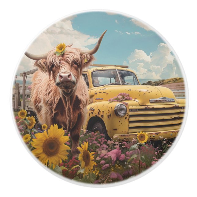  Vintage Truck  Highland Cow Sunflowers  Ceramic Knob (Front)