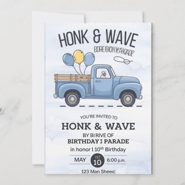 Vintage Truck Honk & Wave Birthday Parade Invitati Invitation (Front)