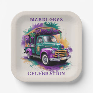 Vintage Truck Mardi Gras Celebration Paper Plate