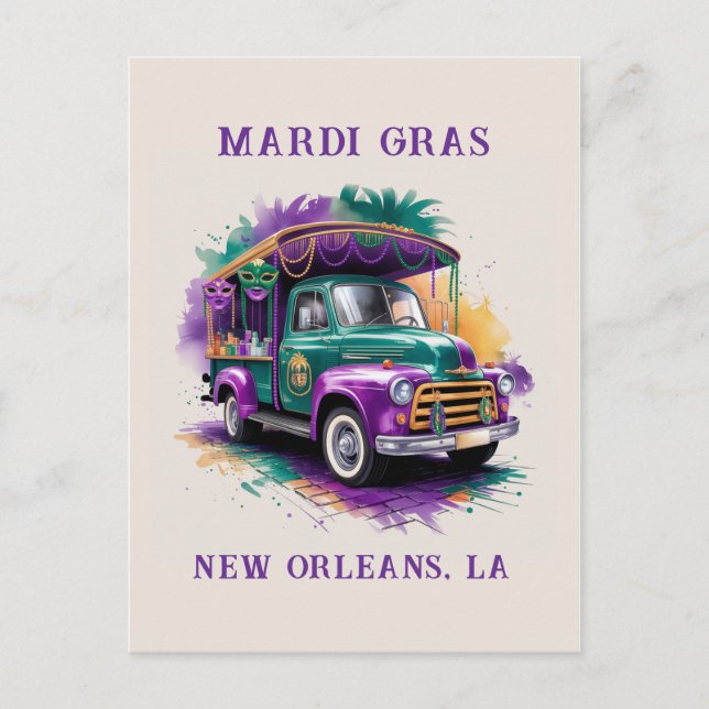 Vintage Truck Mardi Gras Celebration Postcard (Front)