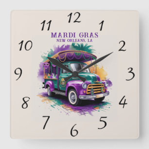 Vintage Truck Mardi Gras Celebration Square Wall Clock