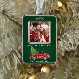 Vintage Truck Our First Christmas Couple Photo Silver Plated Framed Ornament